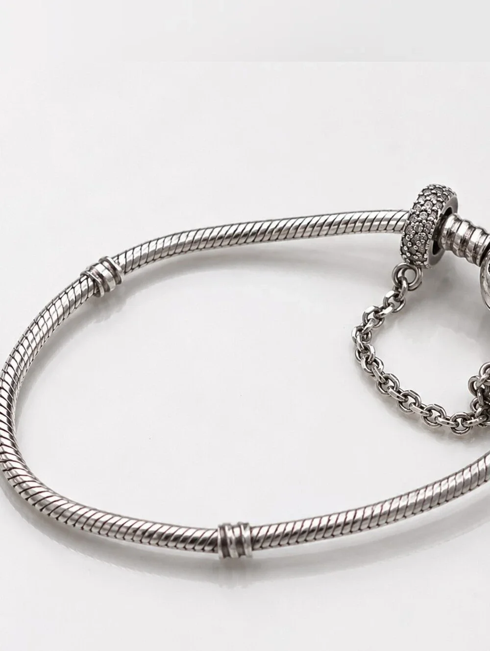 Authentic Pandora Heart Clasp Bracelet with Sparkling Pavé Safety Chain S925 ALE